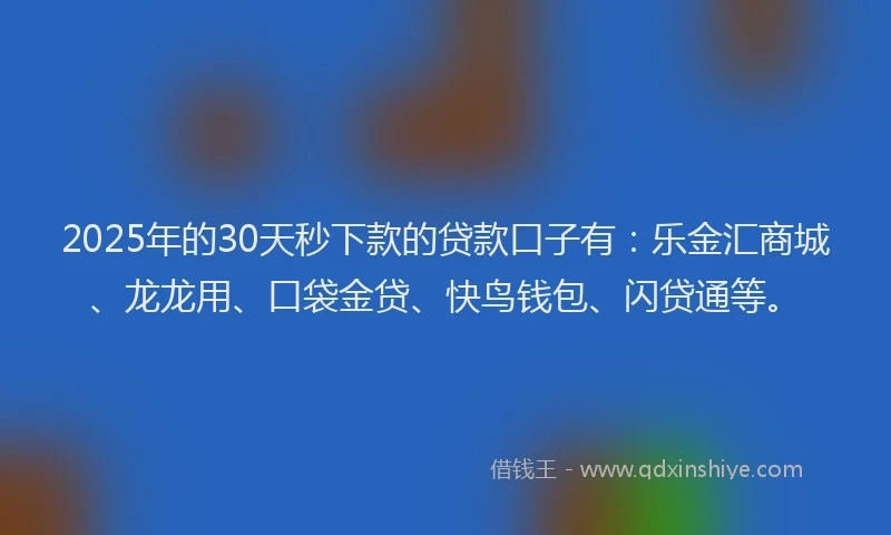2025年的30天秒下款的贷款口子有：乐金汇商城、龙龙用、口袋金贷、快鸟钱包、闪贷通等。