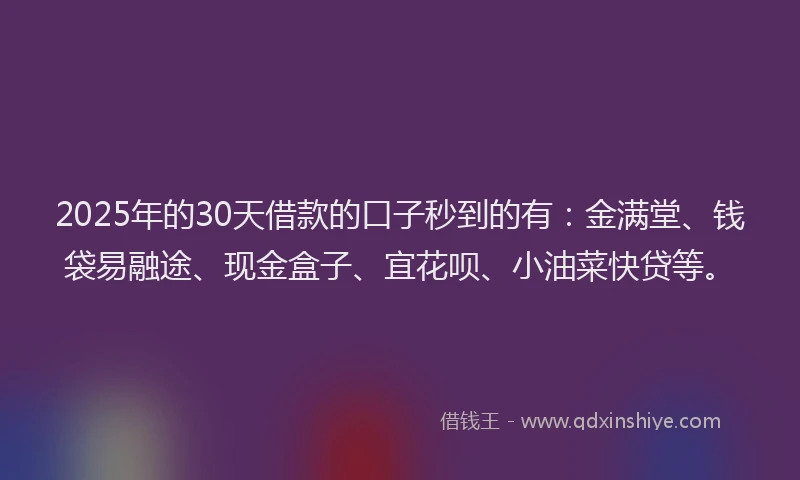 2025年的30天借款的口子秒到的有：金满堂、钱袋易融途、现金盒子、宜花呗、小油菜快贷等。