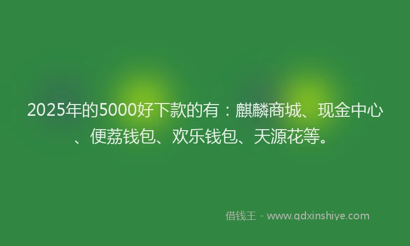 2025年的5000好下款的有：麒麟商城、现金中心、便荔钱包、欢乐钱包、天源花等。