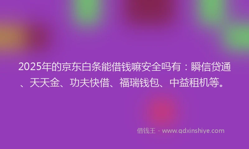 2025年的京东白条能借钱嘛安全吗有：瞬信贷通、天天金、功夫快借、福瑞钱包、中益租机等。