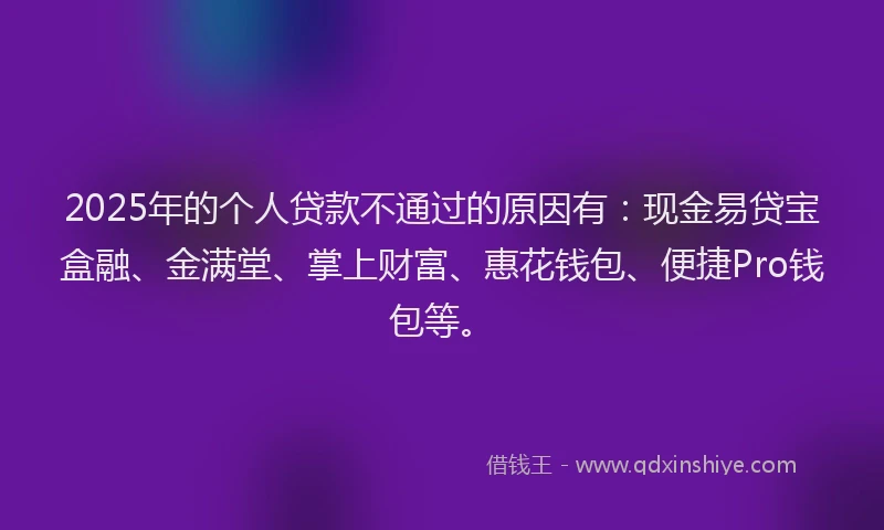 2025年的个人贷款不通过的原因有：现金易贷宝盒融、金满堂、掌上财富、惠花钱包、便捷Pro钱包等。