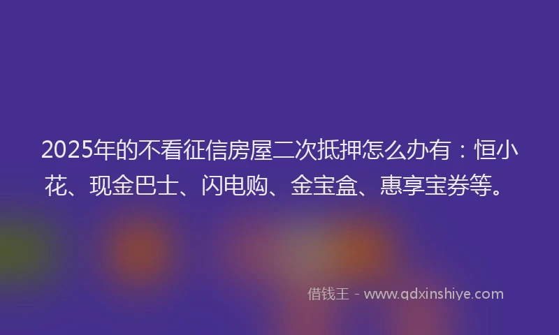 2025年的不看征信房屋二次抵押怎么办有：恒小花、现金巴士、闪电购、金宝盒、惠享宝券等。
