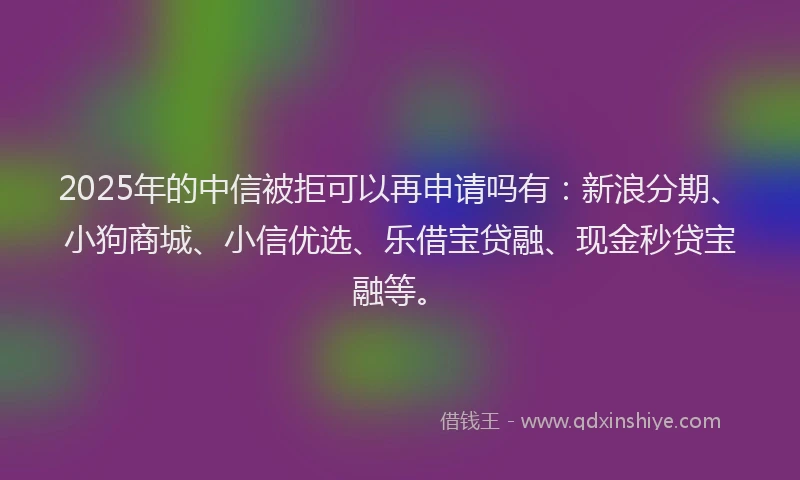 2025年的中信被拒可以再申请吗有：新浪分期、小狗商城、小信优选、乐借宝贷融、现金秒贷宝融等。