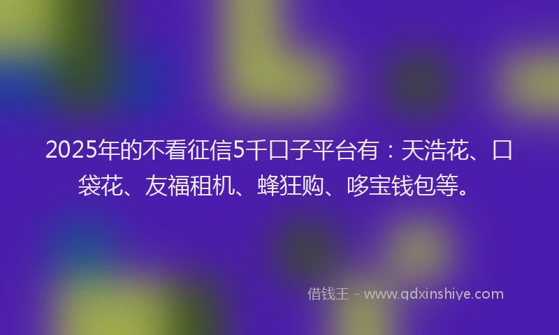 2025年的不看征信5千口子平台有：天浩花、口袋花、友福租机、蜂狂购、哆宝钱包等。