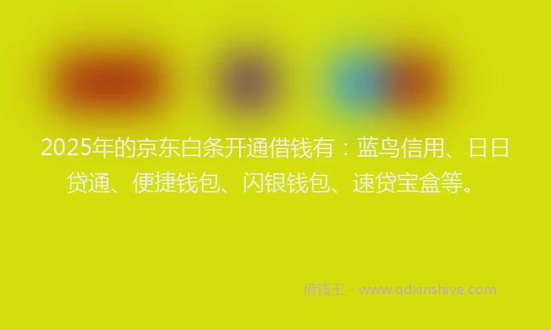 2025年的京东白条开通借钱有：蓝鸟信用、日日贷通、便捷钱包、闪银钱包、速贷宝盒等。