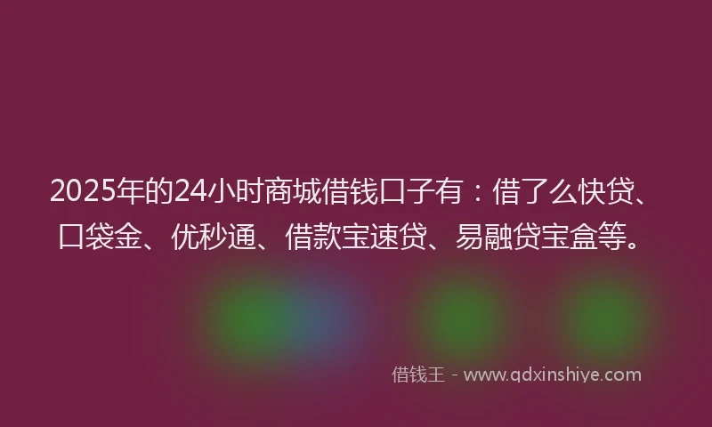 2025年的24小时商城借钱口子有：借了么快贷、口袋金、优秒通、借款宝速贷、易融贷宝盒等。