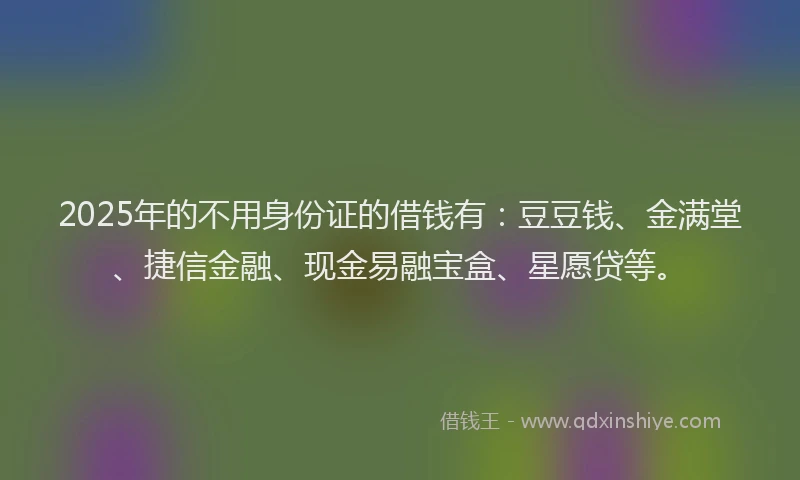 2025年的不用身份证的借钱有：豆豆钱、金满堂、捷信金融、现金易融宝盒、星愿贷等。