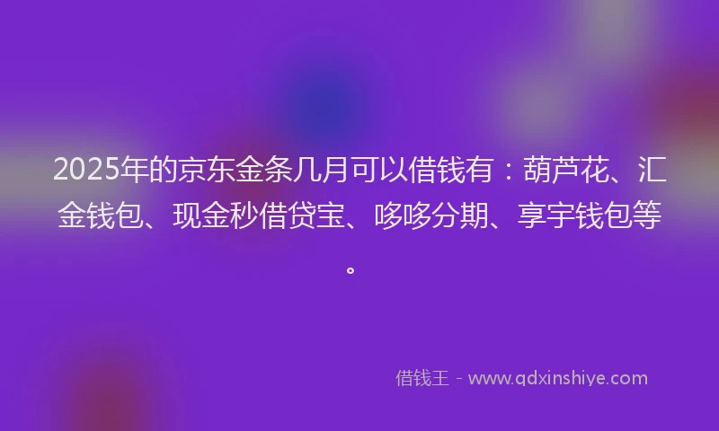 2025年的京东金条几月可以借钱有：葫芦花、汇金钱包、现金秒借贷宝、哆哆分期、享宇钱包等。