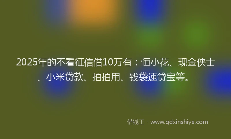2025年的不看征信借10万有：恒小花、现金侠士、小米贷款、拍拍用、钱袋速贷宝等。