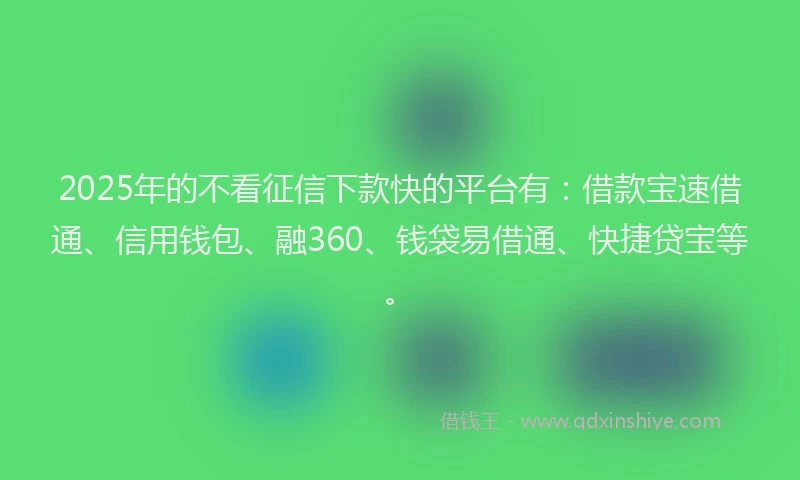 2025年的不看征信下款快的平台有：借款宝速借通、信用钱包、融360、钱袋易借通、快捷贷宝等。