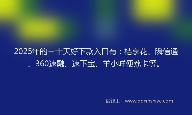 2025年的三十天好下款入口有：桔享花、瞬信通、360速融、速下宝、羊小咩便荔卡等。