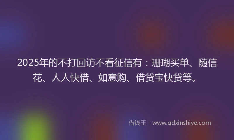 2025年的不打回访不看征信有：珊瑚买单、随信花、人人快借、如意购、借贷宝快贷等。