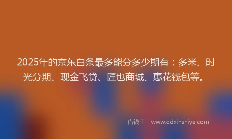 2025年的京东白条最多能分多少期有：多米、时光分期、现金飞贷、匠也商城、惠花钱包等。