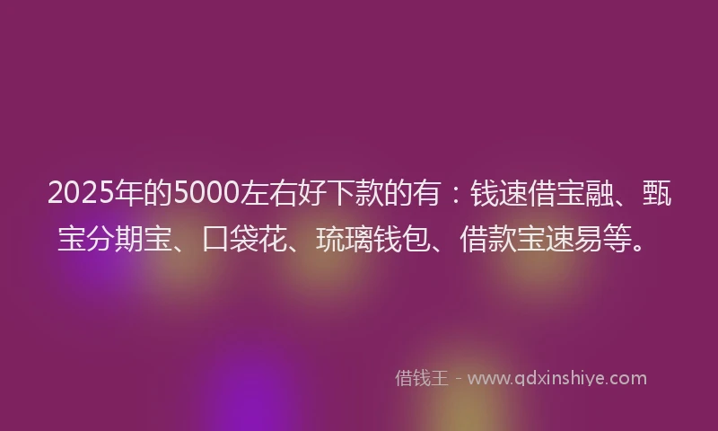 2025年的5000左右好下款的有：钱速借宝融、甄宝分期宝、口袋花、琉璃钱包、借款宝速易等。