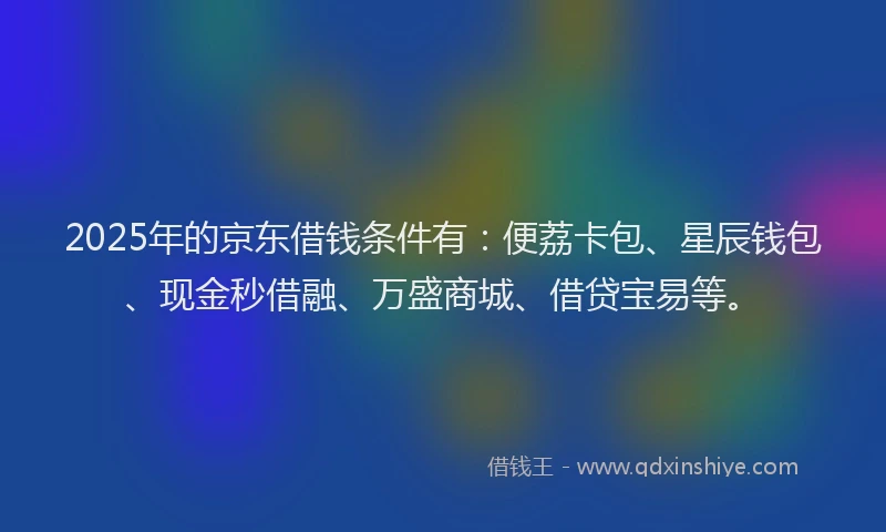 2025年的京东借钱条件有：便荔卡包、星辰钱包、现金秒借融、万盛商城、借贷宝易等。