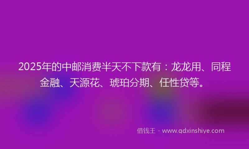 2025年的中邮消费半天不下款有：龙龙用、同程金融、天源花、琥珀分期、任性贷等。
