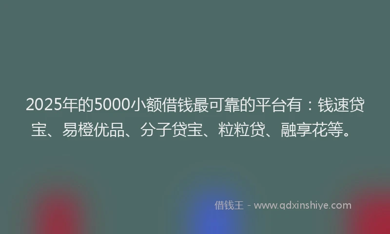 2025年的5000小额借钱最可靠的平台有：钱速贷宝、易橙优品、分子贷宝、粒粒贷、融享花等。