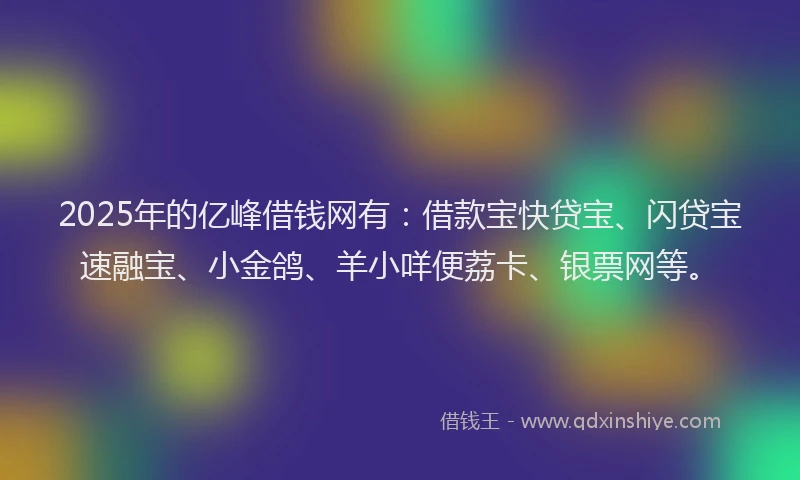 2025年的亿峰借钱网有：借款宝快贷宝、闪贷宝速融宝、小金鸽、羊小咩便荔卡、银票网等。