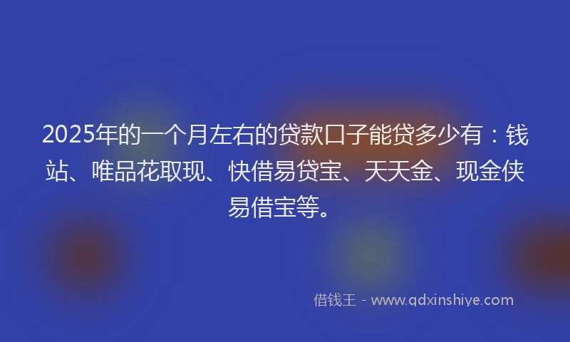 2025年的一个月左右的贷款口子能贷多少有：钱站、唯品花取现、快借易贷宝、天天金、现金侠易借宝等。