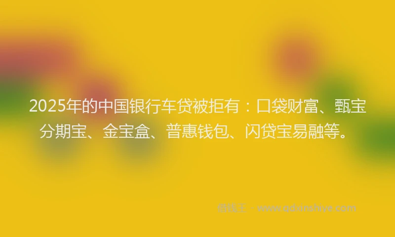 2025年的中国银行车贷被拒有：口袋财富、甄宝分期宝、金宝盒、普惠钱包、闪贷宝易融等。