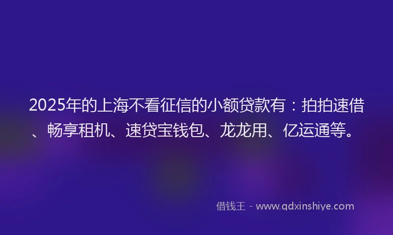 2025年的上海不看征信的小额贷款有：拍拍速借、畅享租机、速贷宝钱包、龙龙用、亿运通等。