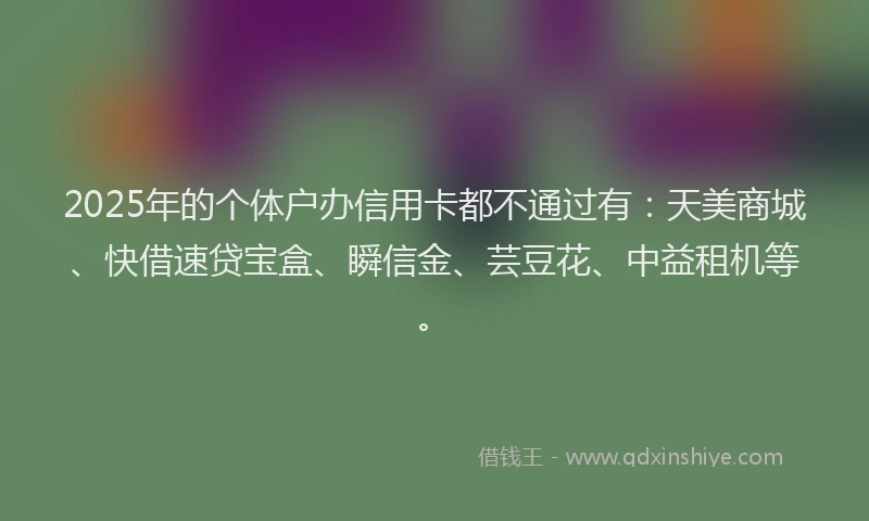 2025年的个体户办信用卡都不通过有：天美商城、快借速贷宝盒、瞬信金、芸豆花、中益租机等。
