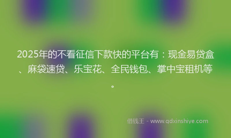 2025年的不看征信下款快的平台有：现金易贷盒、麻袋速贷、乐宝花、全民钱包、掌中宝租机等。