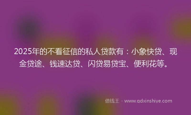 2025年的不看征信的私人贷款有：小象快贷、现金贷途、钱速达贷、闪贷易贷宝、便利花等。