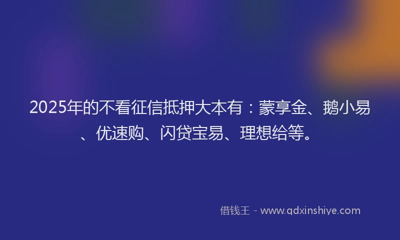 2025年的不看征信抵押大本有：蒙享金、鹅小易、优速购、闪贷宝易、理想给等。