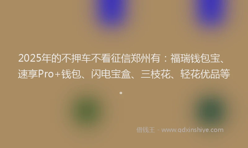 2025年的不押车不看征信郑州有：福瑞钱包宝、速享Pro+钱包、闪电宝盒、三枝花、轻花优品等。