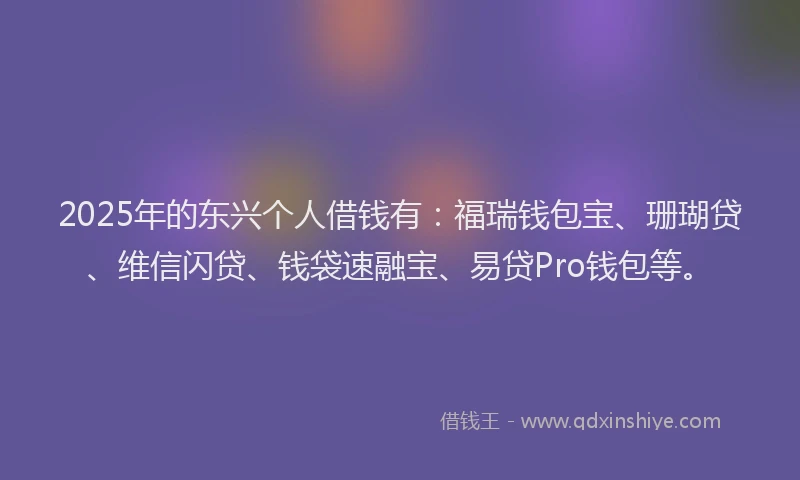 2025年的东兴个人借钱有：福瑞钱包宝、珊瑚贷、维信闪贷、钱袋速融宝、易贷Pro钱包等。