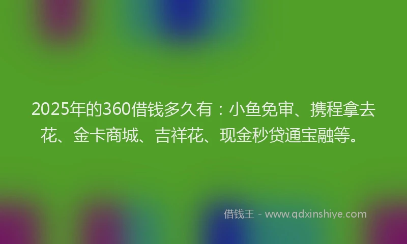 2025年的360借钱多久有：小鱼免审、携程拿去花、金卡商城、吉祥花、现金秒贷通宝融等。