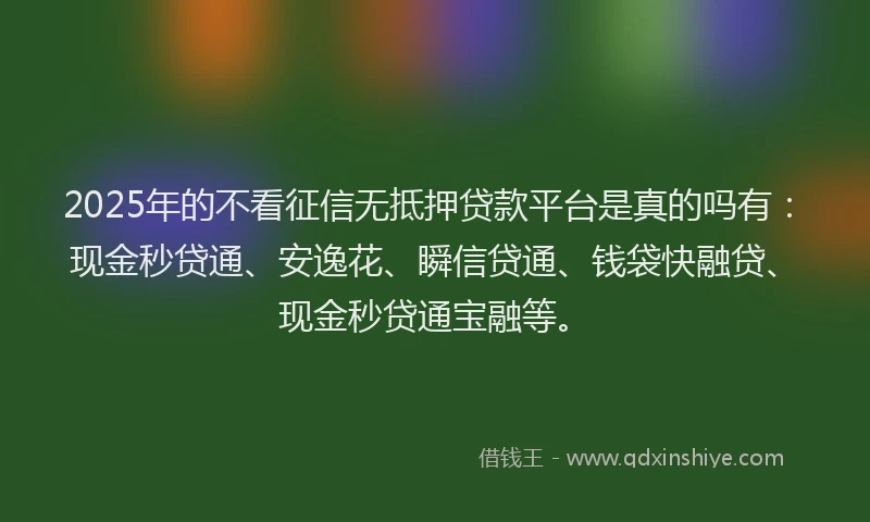 2025年的不看征信无抵押贷款平台是真的吗有：现金秒贷通、安逸花、瞬信贷通、钱袋快融贷、现金秒贷通宝融等。