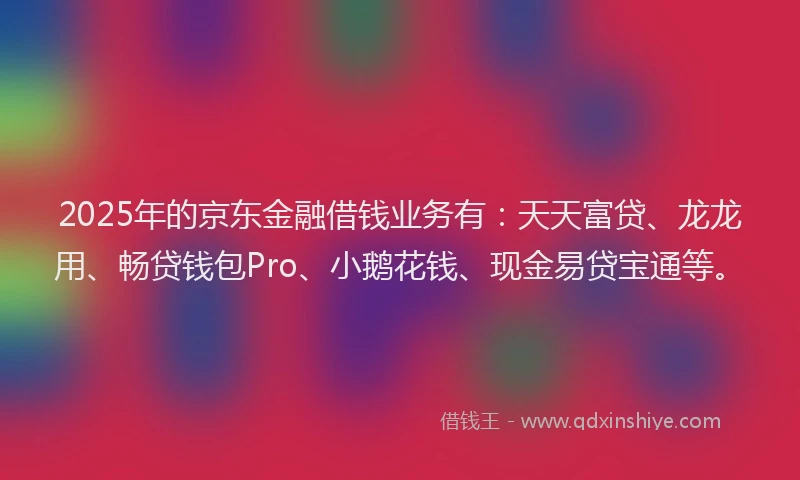 2025年的京东金融借钱业务有：天天富贷、龙龙用、畅贷钱包Pro、小鹅花钱、现金易贷宝通等。