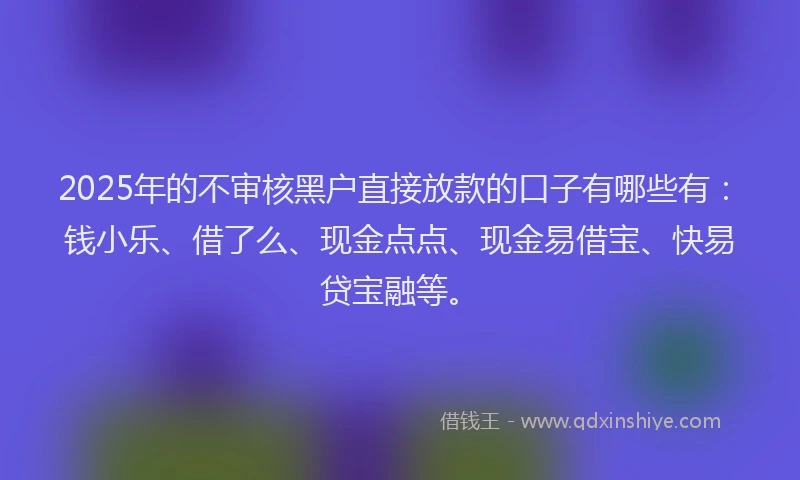 2025年的不审核黑户直接放款的口子有哪些有：钱小乐、借了么、现金点点、现金易借宝、快易贷宝融等。