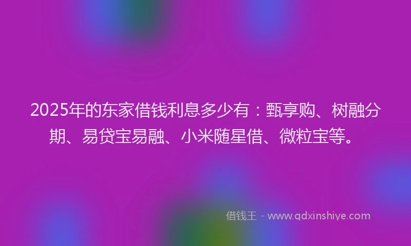 2025年的东家借钱利息多少有：甄享购、树融分期、易贷宝易融、小米随星借、微粒宝等。