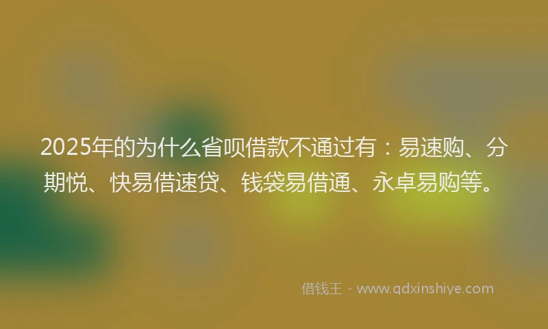 2025年的为什么省呗借款不通过有：易速购、分期悦、快易借速贷、钱袋易借通、永卓易购等。