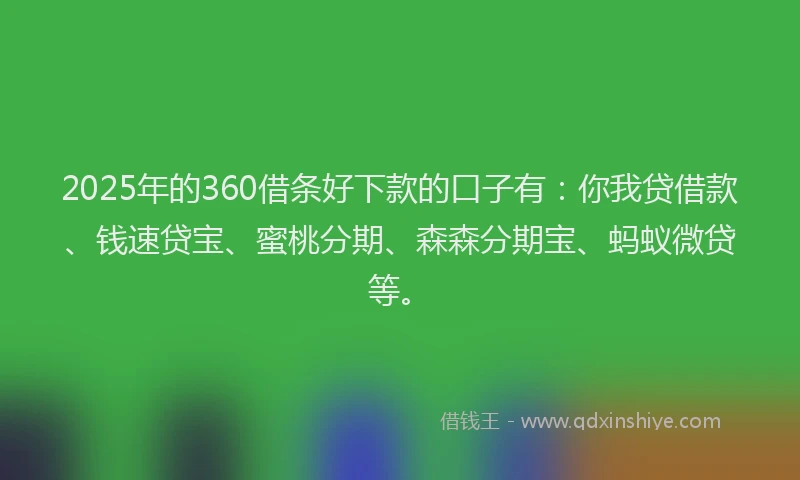 2025年的360借条好下款的口子有：你我贷借款、钱速贷宝、蜜桃分期、森森分期宝、蚂蚁微贷等。