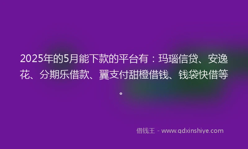 2025年的5月能下款的平台有：玛瑙信贷、安逸花、分期乐借款、翼支付甜橙借钱、钱袋快借等。