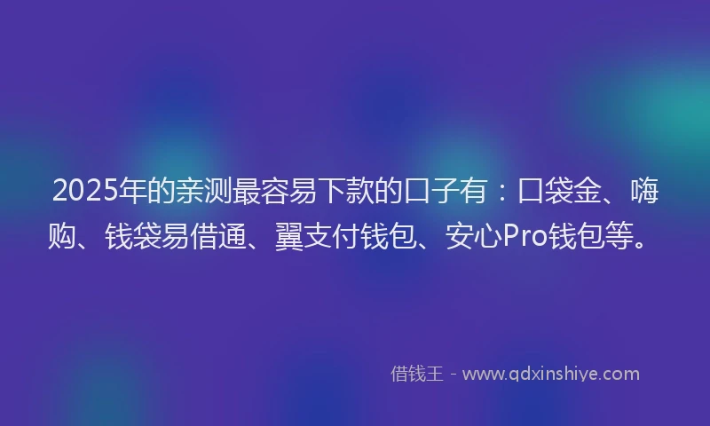 2025年的亲测最容易下款的口子有：口袋金、嗨购、钱袋易借通、翼支付钱包、安心Pro钱包等。