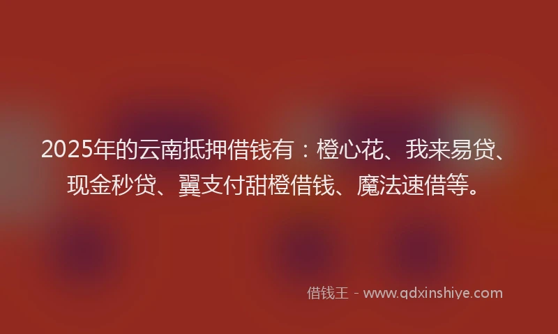 2025年的云南抵押借钱有：橙心花、我来易贷、现金秒贷、翼支付甜橙借钱、魔法速借等。