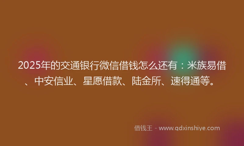 2025年的交通银行微信借钱怎么还有：米族易借、中安信业、星愿借款、陆金所、速得通等。