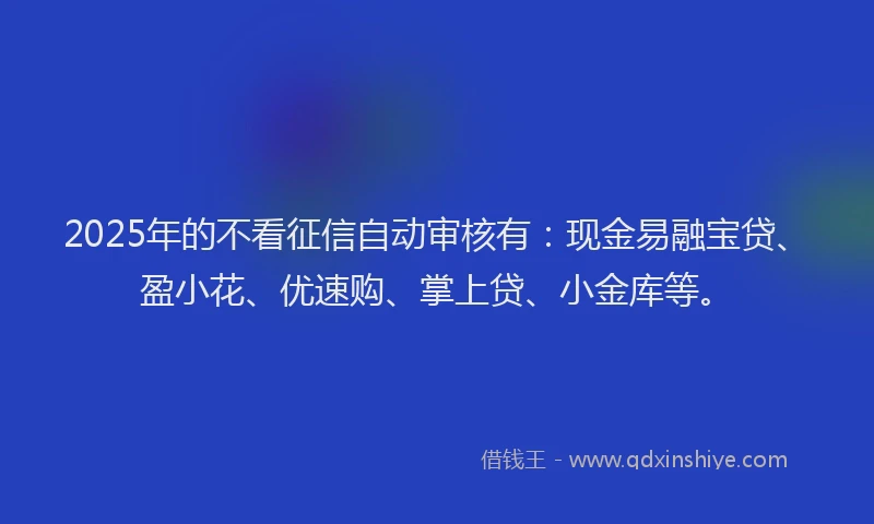 2025年的不看征信自动审核有：现金易融宝贷、盈小花、优速购、掌上贷、小金库等。