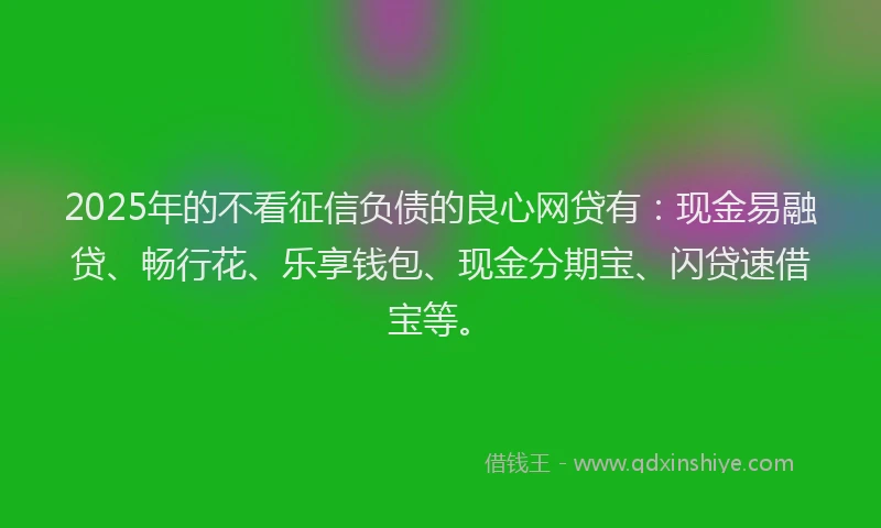 2025年的不看征信负债的良心网贷有：现金易融贷、畅行花、乐享钱包、现金分期宝、闪贷速借宝等。