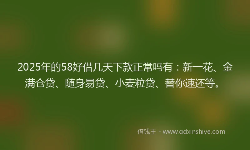 2025年的58好借几天下款正常吗有：新一花、金满仓贷、随身易贷、小麦粒贷、替你速还等。