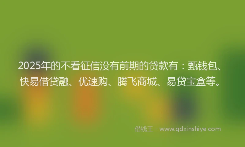2025年的不看征信没有前期的贷款有：甄钱包、快易借贷融、优速购、腾飞商城、易贷宝盒等。
