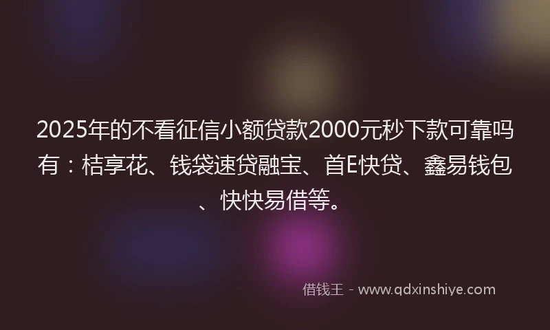 2025年的不看征信小额贷款2000元秒下款可靠吗有：桔享花、钱袋速贷融宝、首E快贷、鑫易钱包、快快易借等。