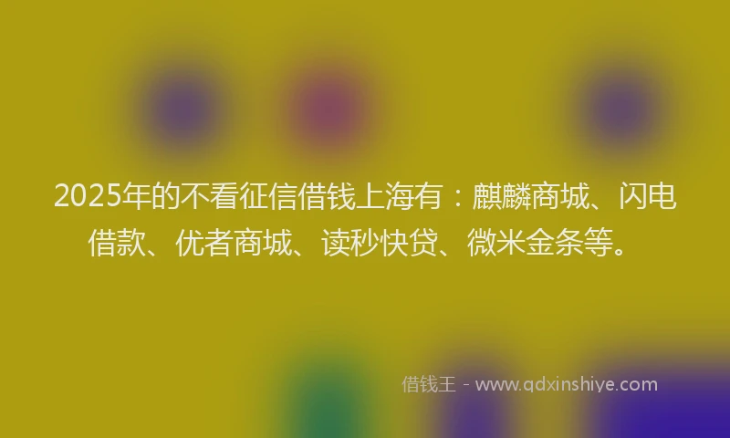 2025年的不看征信借钱上海有：麒麟商城、闪电借款、优者商城、读秒快贷、微米金条等。