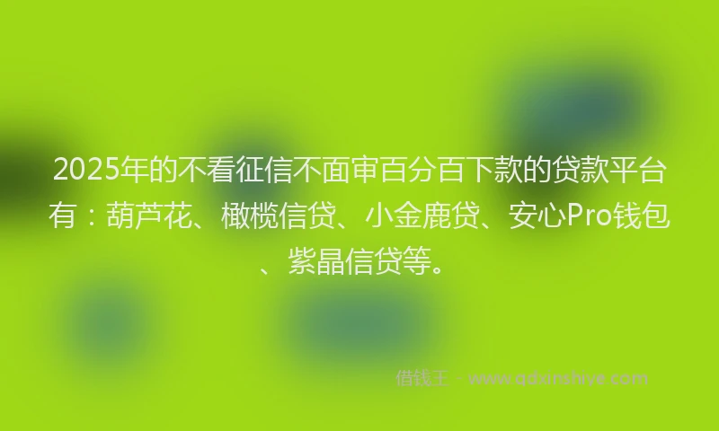 2025年的不看征信不面审百分百下款的贷款平台有：葫芦花、橄榄信贷、小金鹿贷、安心Pro钱包、紫晶信贷等。
