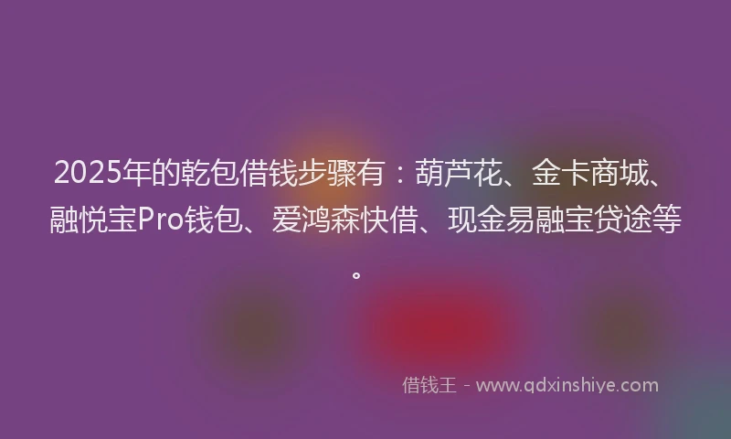 2025年的乾包借钱步骤有：葫芦花、金卡商城、融悦宝Pro钱包、爱鸿森快借、现金易融宝贷途等。